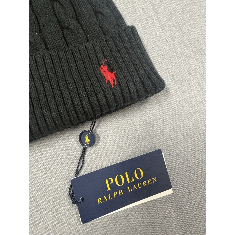 Polo Ralph Lauren Cuffed Cable Knit Cashmere Blend Beanie Black / Red O/S NWT - Picture 2 of 5